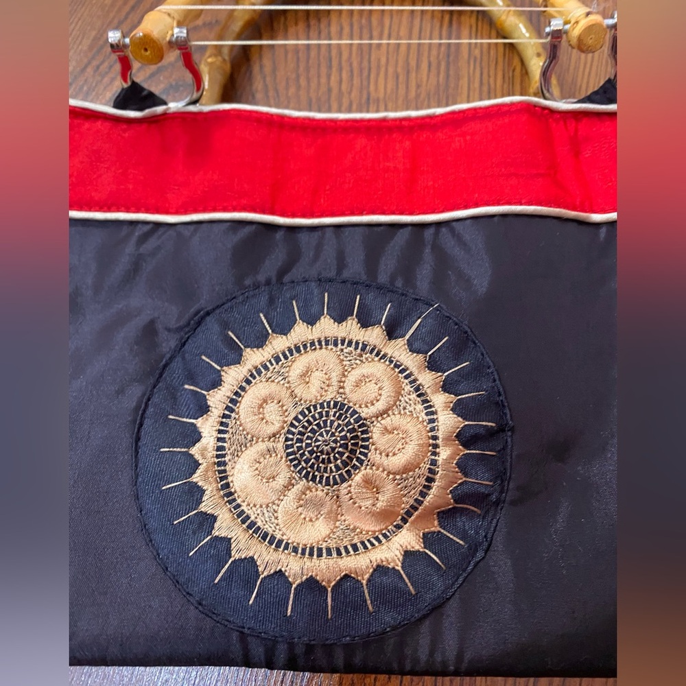 🌹 Fibonacci Sun Embroidery Black & Red Satin Handbag with Bamboo Handles 🌹 NWT - Picture 3 of 9